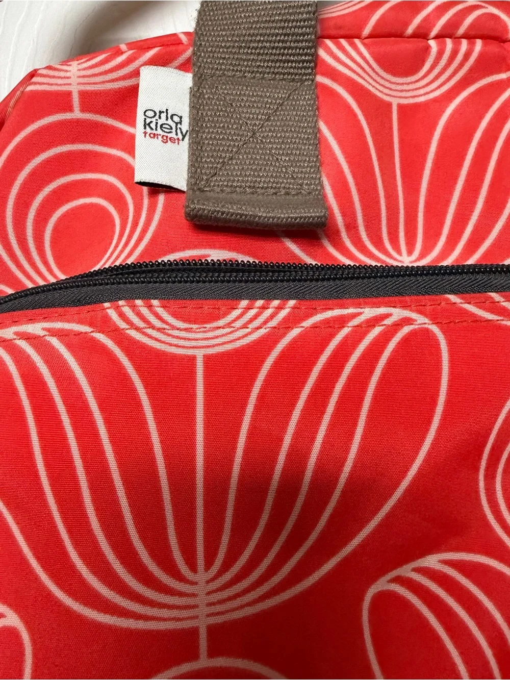 Red Orange Floral Tote Bag with Brown Straps - Orla Kiely Style